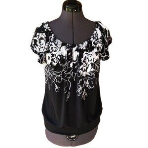 WHBM Women's White House Black Market Cap-Sleeve Floral Top Scoop Neck Size S